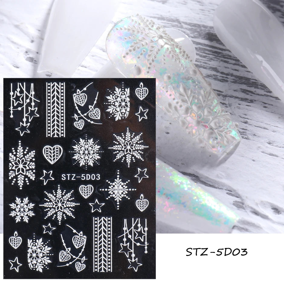 5D Red Christmas Nail Stickers Glitter Embossed Snowflake Gloves Feather Bulb Bells Winter Xmas DIY Engraved Manicure Decoration