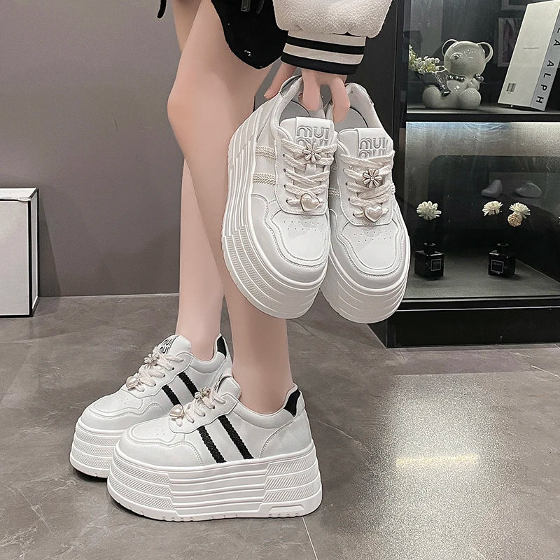 8cm Leather Flats Casual Dad Shoes Chunky Sneakers 2025 Women Platform Sports Shoes Ladies Skateboard Hidden Heels Shoes Tennis