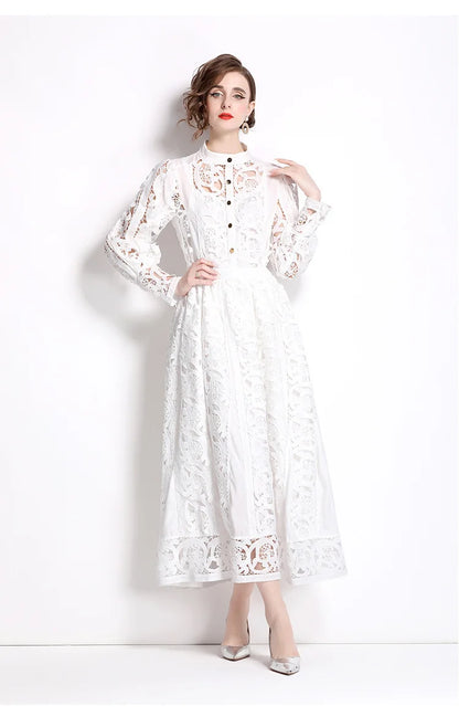 Autumn Crochet White Lace Embroidery 3 Pieces Sets Women Dress Suits Hollow Out Loose Shirt Top Elastic Waist Maxi Skirt Suit