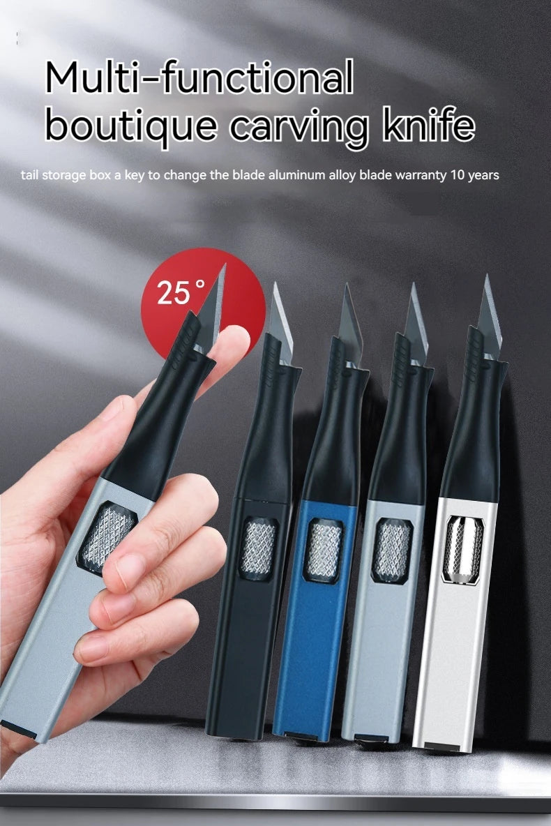Cuchillo para trinchar con mango de aluminio en forma de bolígrafo, incluye 5 hojas con diseño de herradura que puedes reemplazar tú mismo.