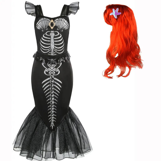 Halloween New Horror Skeleton Little Mermaid Costume Ariel Princess Black Skeleton Fishtail Dress Holiday Special Dress