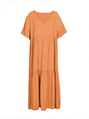 Plus Size 2025 Summer New V-neck Short Sleeve Pleated Solid Colour Loose Casual Midi Dress Basic Hem Pleated