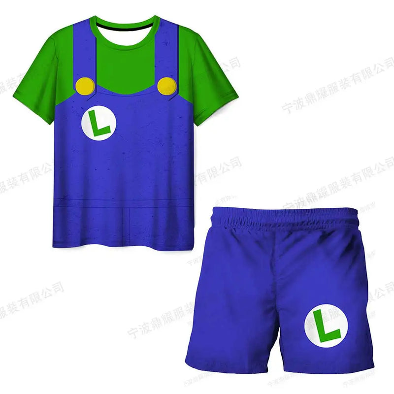 Summer anime Super Mario fashion cute boy 3D top T-shirt+shorts two-piece set Mario girl and boy top short sleeved shorts