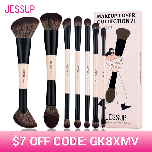 Jessup Juego de brochas de maquillaje, 3/5/7 piezas, brocha de maquillaje de doble cara, base, sombra de ojos, mezcla de polvo, polvo de melocotón sin crueldad T600