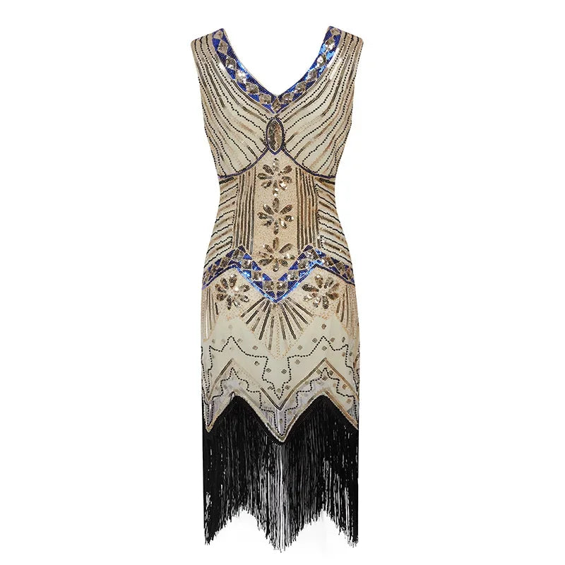 Vestido vintage Mandylandy para mujer, estilo retro de los años 20, estilo Gran Gatsby, con lentejuelas, sin mangas, para fiesta de baile, graduación y dobladillo con borlas.