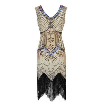 Mandylandy Women Vintage Dress Retro 1920s Great Gatsby Dress Sequin Flapper Sleeveless Dancing Party Prom Tassel Hem Dress