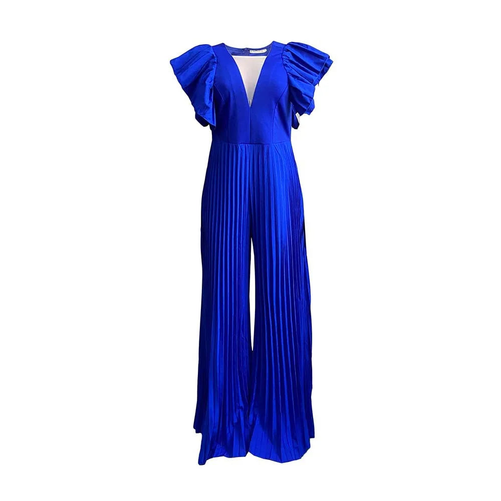 Elegant Pleated Jumpsuits & Rompers for Women V Neck Ruffles High Waisted Loose Floor Length Luxury Female Birthday Party Romper