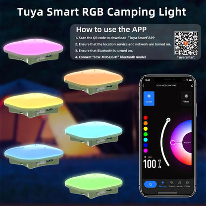 Linterna de camping recargable, luz inteligente, control Bluetooth mediante aplicación Tuya, sincronización de música, iluminación LED RGB para tienda de campaña, 13500 mAh, exterior, 80 W