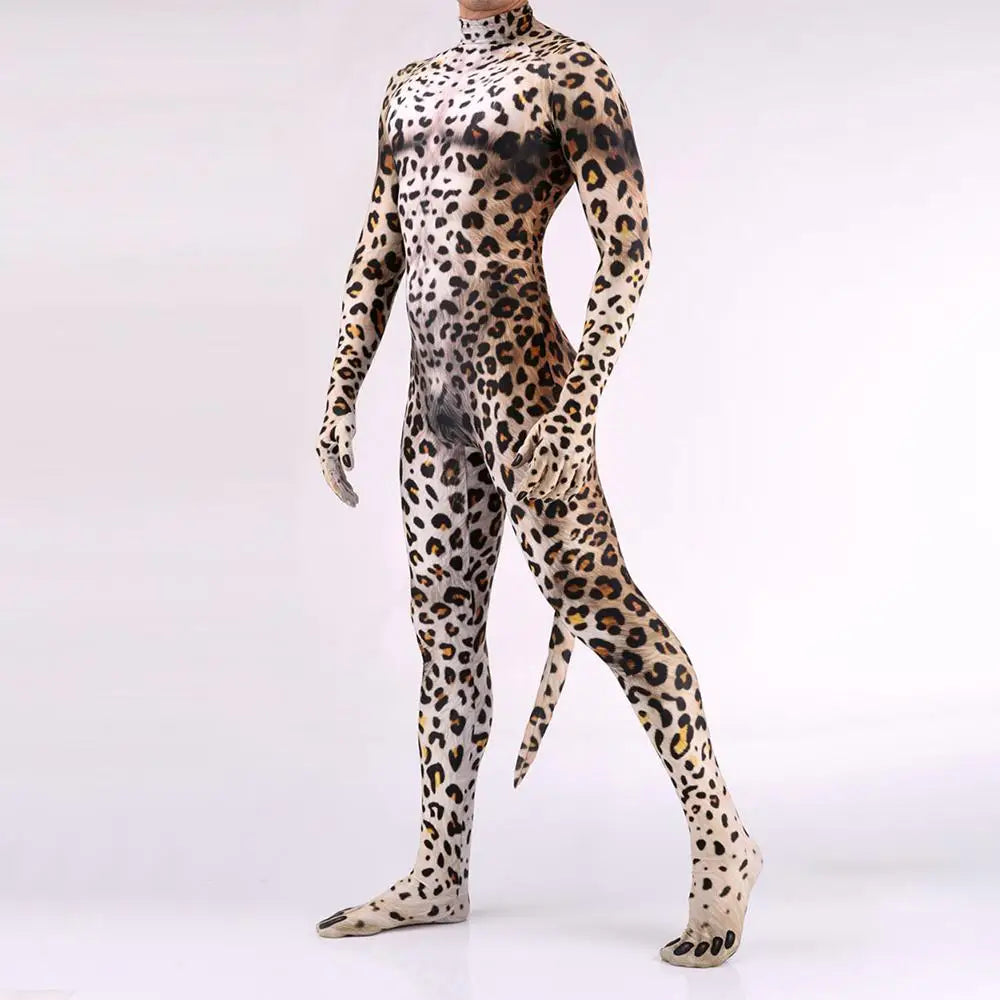 Zawaland Tiger Leopard Cheetah Petsuit for Men Animal Disguise Costume Crotch Zipper Zentai Halloween Carnival Full Bodysuits