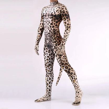 Zawaland Tiger Leopard Cheetah Petsuit for Men Animal Disguise Costume Crotch Zipper Zentai Halloween Carnival Full Bodysuits