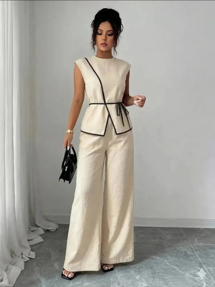 Women's Summer Tie-waist Wide-leg Pants Set Sleeveless Wrap Blazer Top Loose Straight-leg Pants Two-piece Set Comfortable Outfit