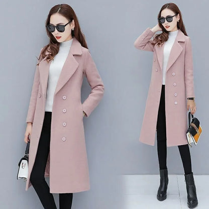 Female Woolen Coat Velvet 2023 Women's Double-Breasted Woolen Coat Spring and Autumn Woolen Coat Fashion Suit Collar ThickTrench