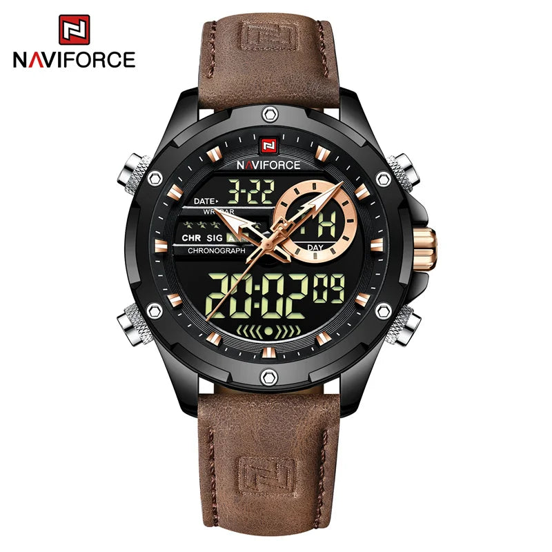 NAVIFORCE Luxury Original Watches For Men Casual Sport Chronograph Alarm Quartz WristWatch Leather Waterproof Digital Clock 9163