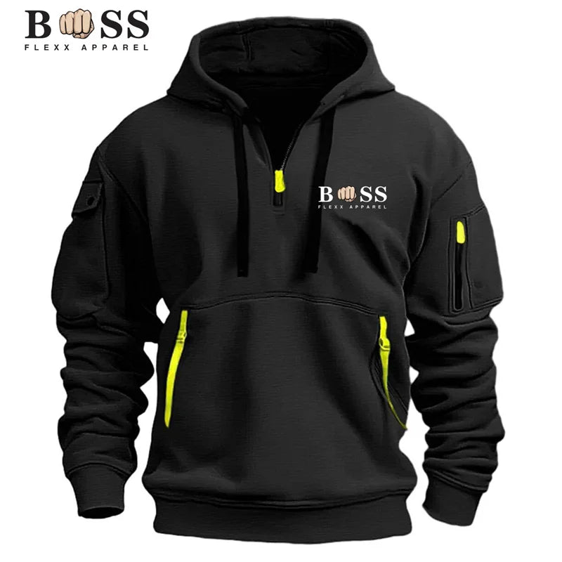 Men's hooded sweatshirt, casual sports pullover, retro Harajuku long-sleeved zipper, multiple pockets, casual loose jacket, stre