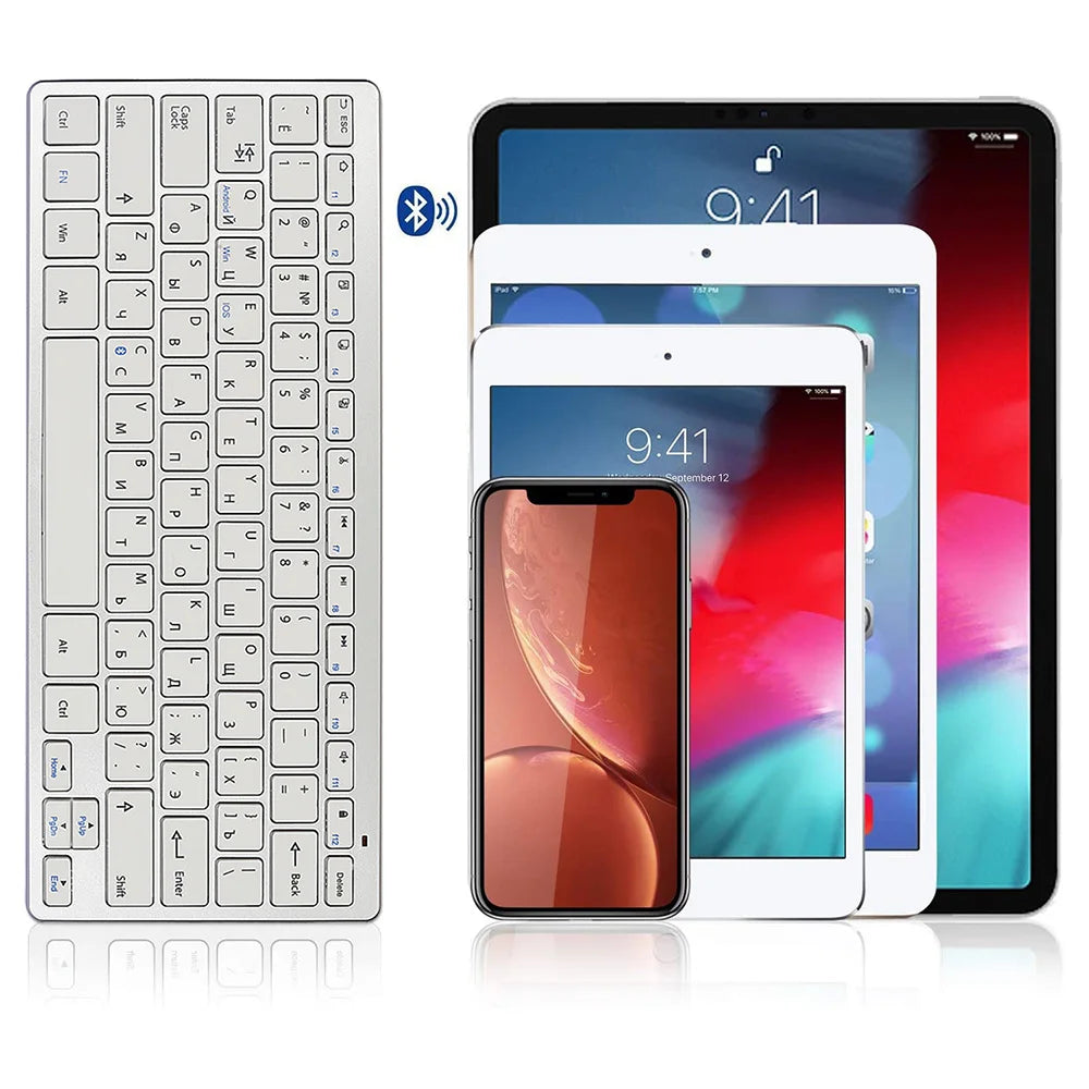 Bluetooth Keyboard Mini Ultra Thin Portable Wireless Keyboard Spanish Russian Layout for Tablet/iPad/Laptop/Phone