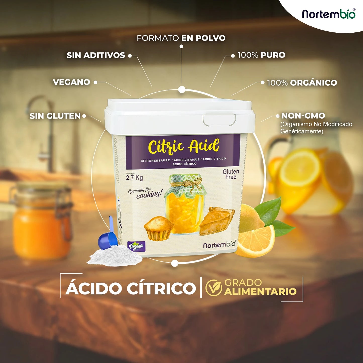 Nortembio 100% pure organic food citrus acid 2.7kg |   Kitchen and pastry |   Suitable for vegetarians, vegans and celiacs |   E-book included |   Without gluten