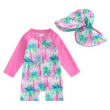 Toddler Girls Boys Beach Wear Kids Swimwear Summer Long Sleeve Floral/Tropical Print Zip Up Bathing Suits with Hat For Swimsuit