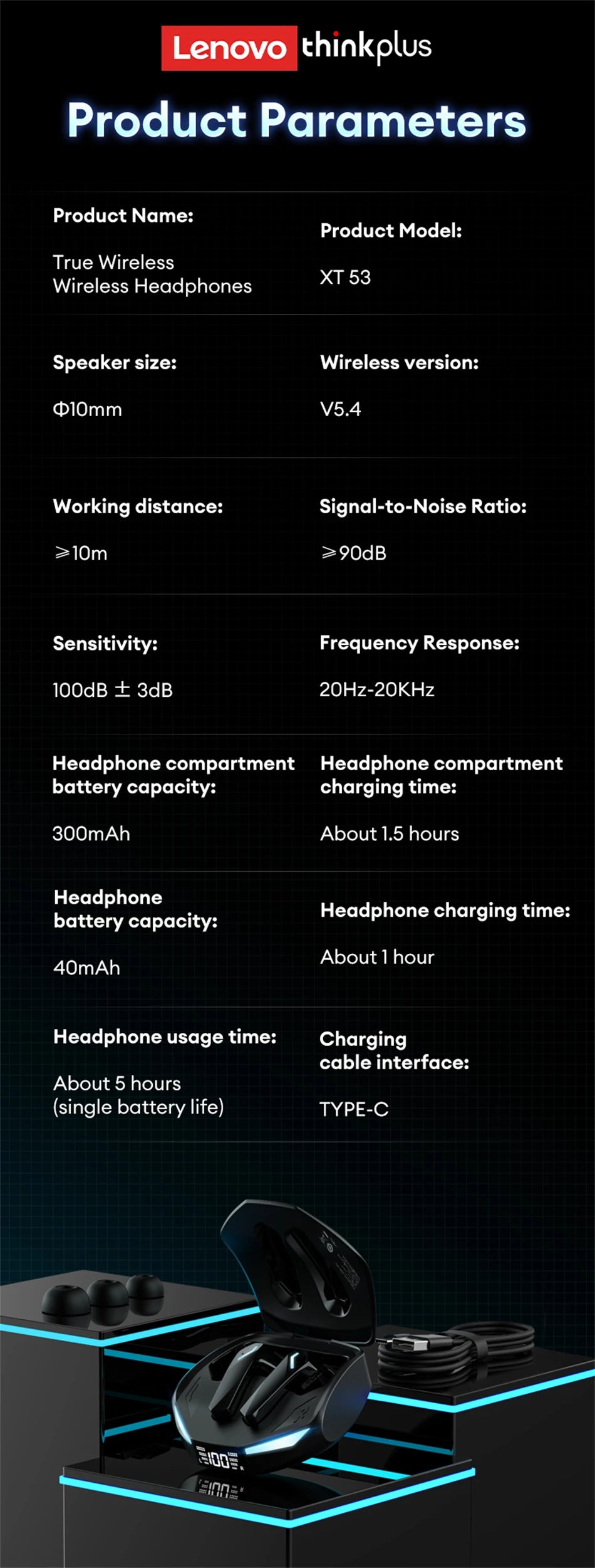 New Lenovo XT53 Wireless Bluetooth 5.4 Earphones LED Digital Display Waterproof Earbuds Noise Cancelling Gaming Headset