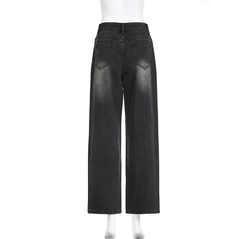 BKQU - Pantalones vaqueros rectos y holgados para mujer, cintura alta, pierna ancha, con diamantes de imitación, largos, moda urbana 2021, pantalones brillantes con diamantes