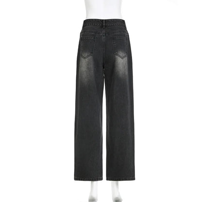 BKQU Straight Baggy Jeans Women High Waist Wide Leg Rhinestones Denim Long Pants 2023 Fashion Streetwear Diamonds Shinny Trouser
