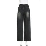 BKQU - Pantalones vaqueros rectos y holgados para mujer, cintura alta, pierna ancha, con diamantes de imitación, largos, moda urbana 2021, pantalones brillantes con diamantes