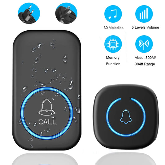 Wireless Smart Home Welcome Door Bell, Waterproof Chime Kit, Smart Home Chime, 60 Songs Range, US Plug, EU Plug, IP44, 300m Range