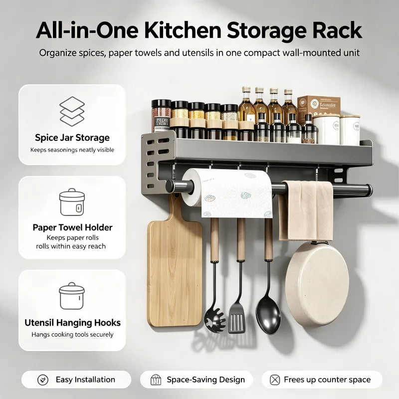 Gunmetal Space Aluminum Kitchen Storage Rack - No-Drill Wall Mounted Multi-Functional Organizer for Spice Jars and Knives