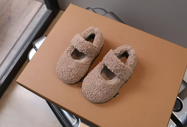 Children Fur Shoes 2025 Winter Kids Warm Plush Shoes For Girl Flat Loafers Moccasins Girls Casual Shoes Khaki, Beige