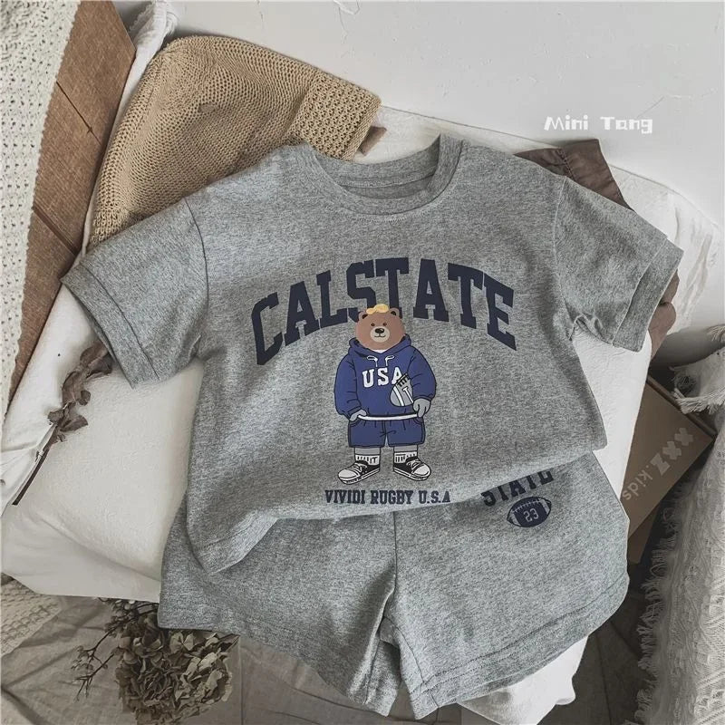 2pcs Summer Baby Clothes Set Children Boy Girl Cartoon Bear T-shirts and Shorts Suit Kid Casual Top Bottom Outfits Tracksuits