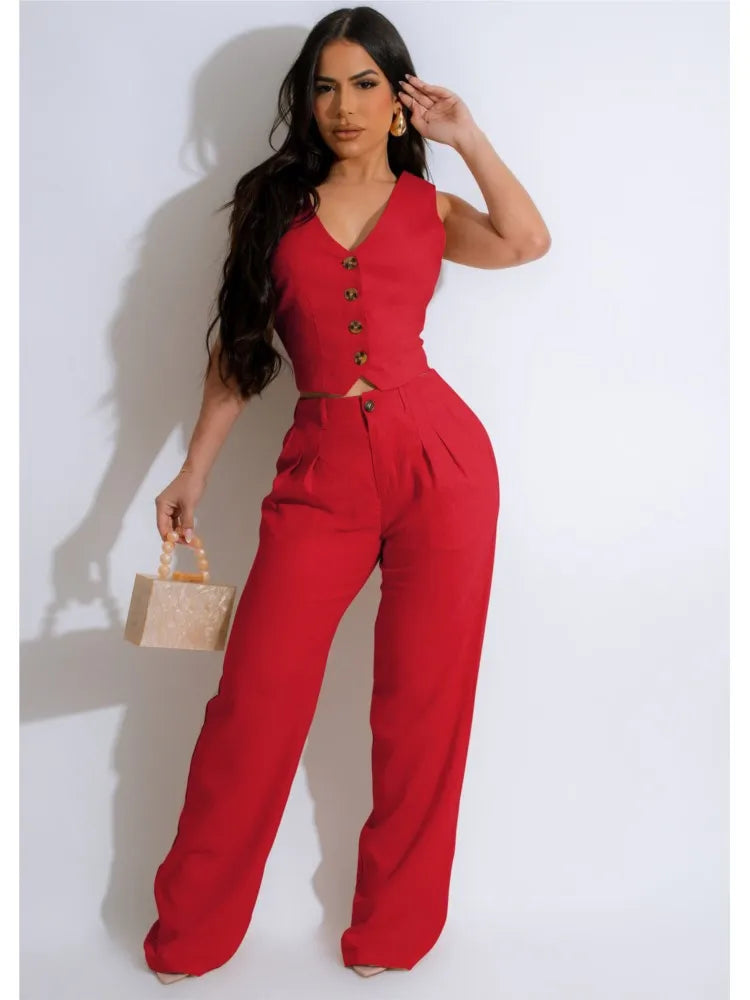 Fashion Sleeveless Vest Pants Women's Solid Color Suit Spring Summer V-Neck Ultra Short Top + Slim Pants Female Office 2 Piece Set