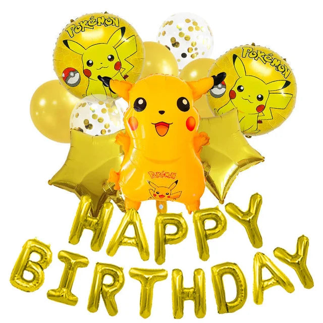 1 conjunto de balões temáticos pokémon pikachu, feliz aniversário, banner, folha de globos para crianças, meninos, meninas, lembranças de festa de aniversário, decorações