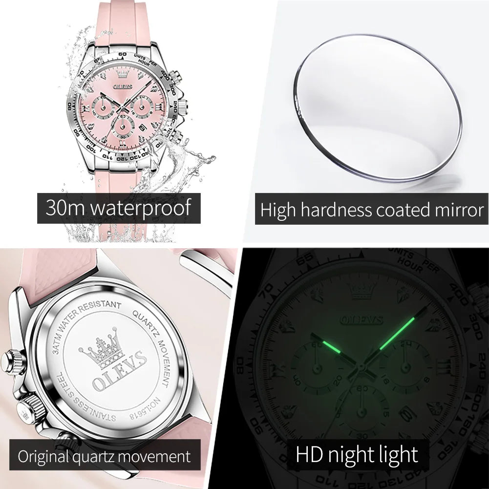 Relógio feminino de Olevs de luxo pulseira de silicone cronógrafo multifuncional calendário a prova de agua 5618
