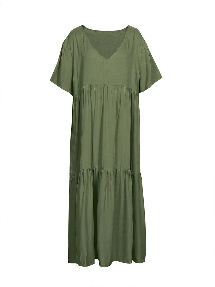 Plus Size 2025 Summer New V-neck Short Sleeve Pleated Solid Colour Loose Casual Midi Dress Basic Hem Pleated