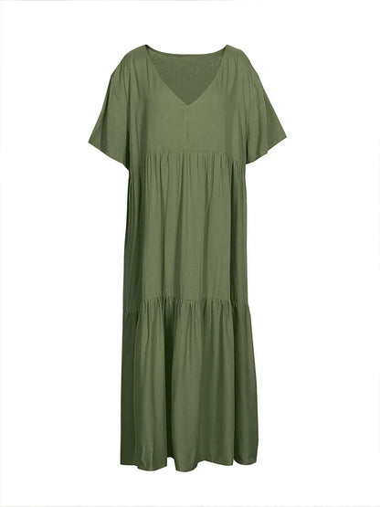 Plus Size 2025 Summer New V-neck Short Sleeve Pleated Solid Colour Loose Casual Midi Dress Basic Hem Pleated
