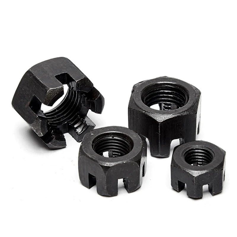 GB58 Fine Thread Carbon Steel Black M8~M42 Slotted Round Lock Hexagon Head Hex Slotted Castle Crown Nut Hexagon Slotted Nuts