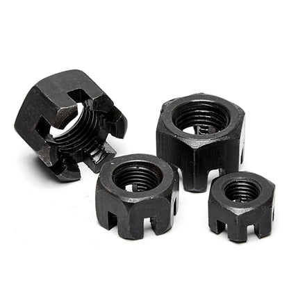 GB58 Fine Thread Carbon Steel Black M8~M42 Slotted Round Lock Hexagon Head Hex Slotted Castle Crown Nut Hexagon Slotted Nuts