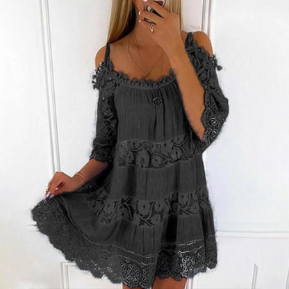 Vestido de verão plus size para senhoras, vestido de renda estilinque de cor sólida, vestido feminino elegante de cintura solta, casual na praia