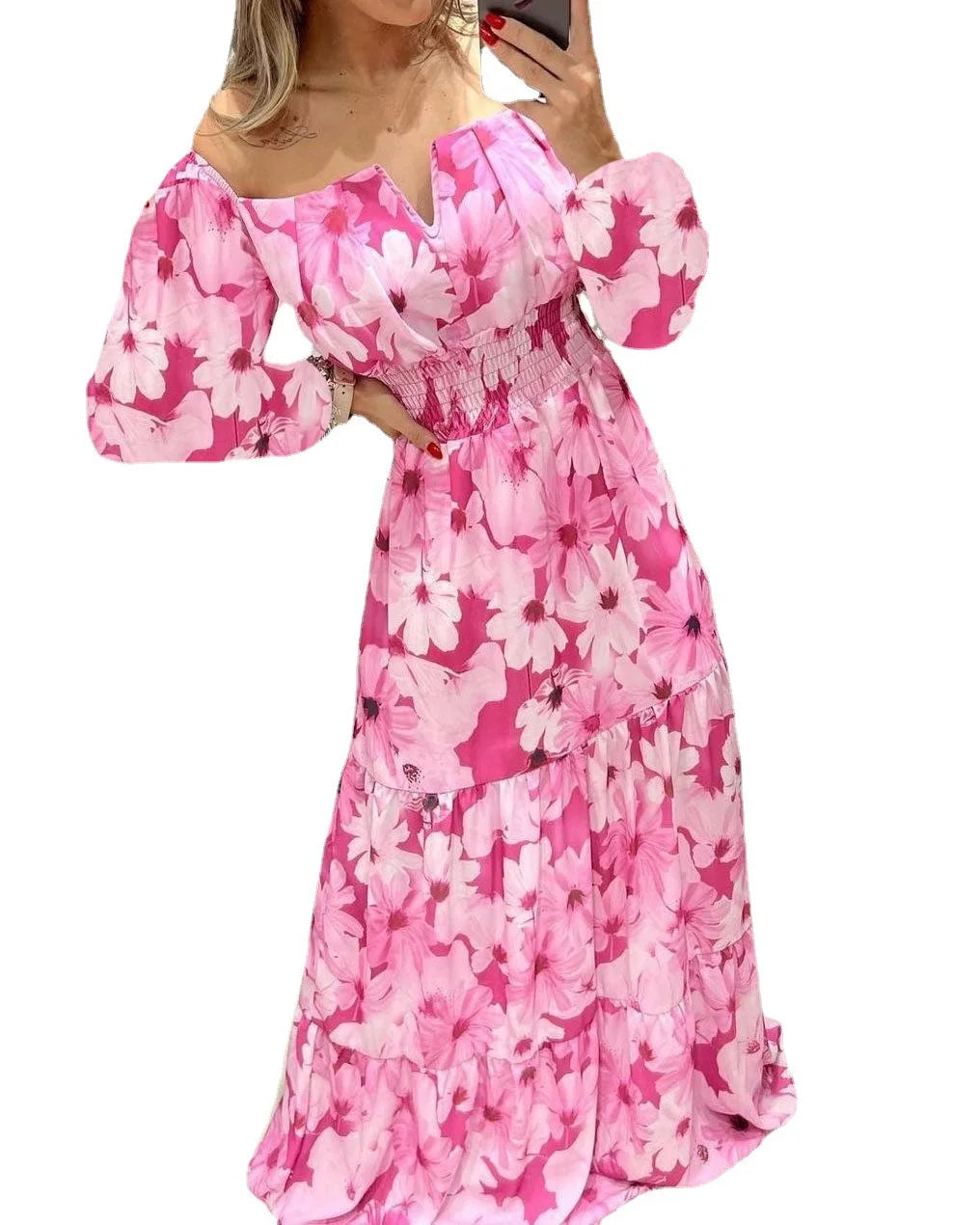 Women's Dresses 2022 Summer Vintage Print Off The Shoulder Casual V Neck Long Sleeved Waist Slim Maxi Dress