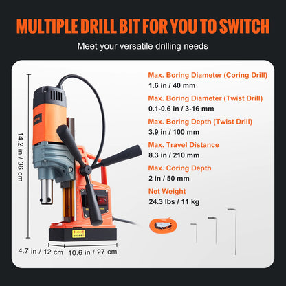 VEVOR Magnetic Drill,1300W 1.57" Boring Diameter,13000N Portable Electric Mag Drill Press w/Variable Speed, Drilling Machine