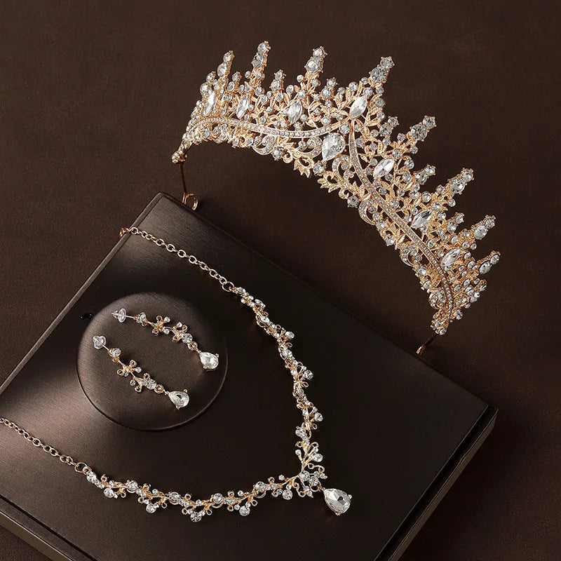 Bridal Wedding Jewelry 4-piece Set, Alloy Crystal Crown&Crystal Necklace&Earrings Women's Classic Wedding Tiaras