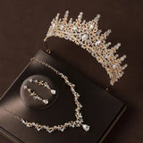 Bridal Wedding Jewelry 4-piece Set, Alloy Crystal Crown&Crystal Necklace&Earrings Women's Classic Wedding Tiaras