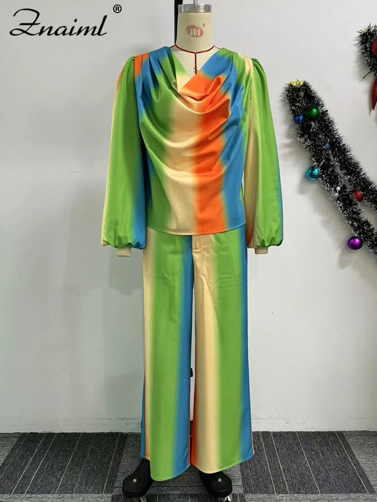 Znaiml Lantern Sleeve Top and Wide Leg Pants Two Piece Set Rainbow Gradient Print Women Outfits Elegant Office Birthday Party