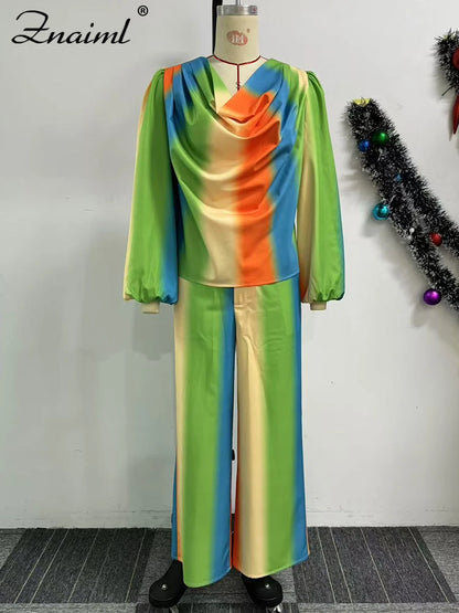 Znaiml Lantern Sleeve Top and Wide Leg Pants Two Piece Set Rainbow Gradient Print Women Outfits Elegant Office Birthday Party