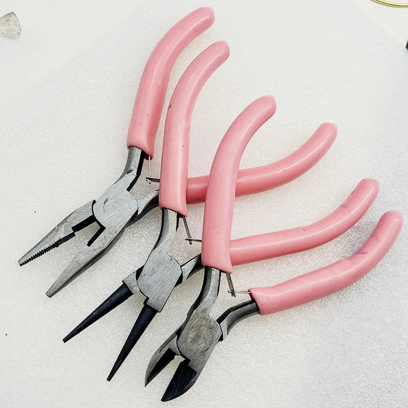 Pink Handle Nickel Iron Single Section Round Concave Pliers Handmade Jewelery Hardware Making Tool Sharp Nose Diagonal Portable