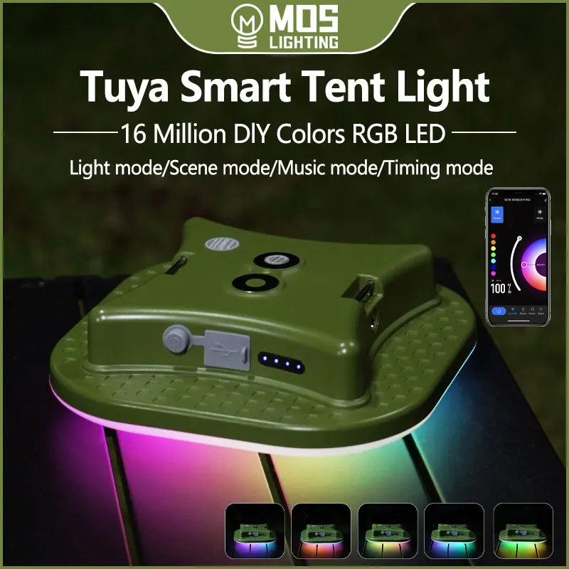 Linterna de camping recargable, luz inteligente, control Bluetooth mediante aplicación Tuya, sincronización de música, iluminación LED RGB para tienda de campaña, 13500 mAh, exterior, 80 W