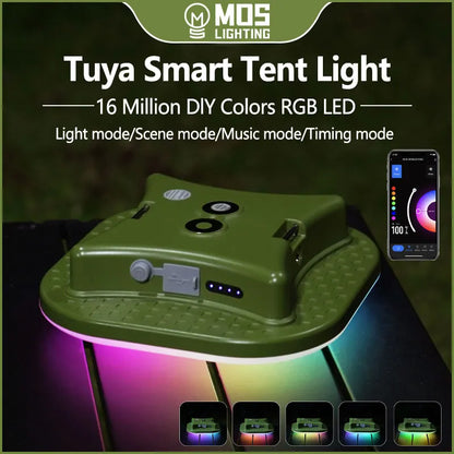 Linterna de camping recargable, luz inteligente, control Bluetooth mediante aplicación Tuya, sincronización de música, iluminación LED RGB para tienda de campaña, 13500 mAh, exterior, 80 W