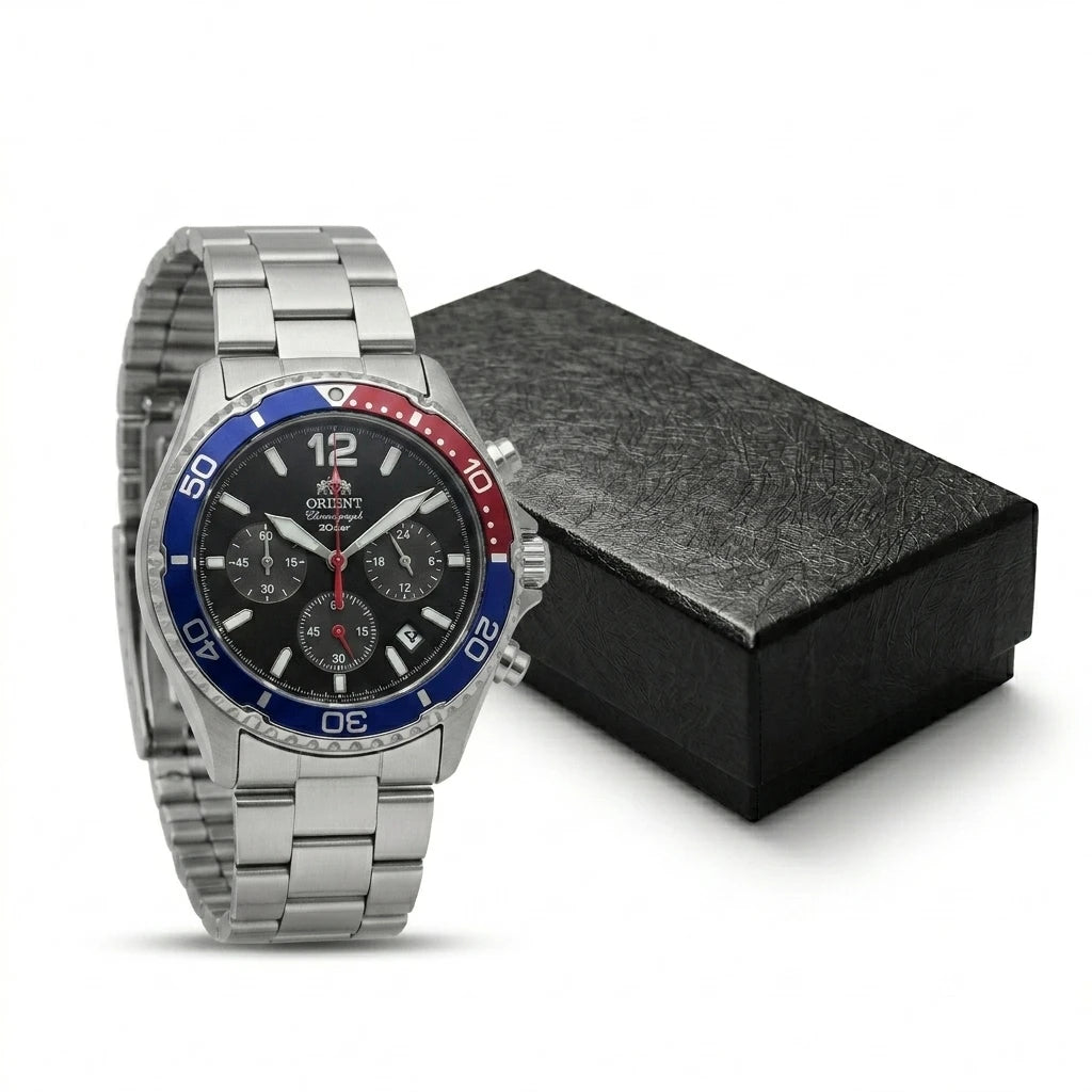 Relógio masculino cronógrafo solar diver em aço inox a prova de agua 200mm