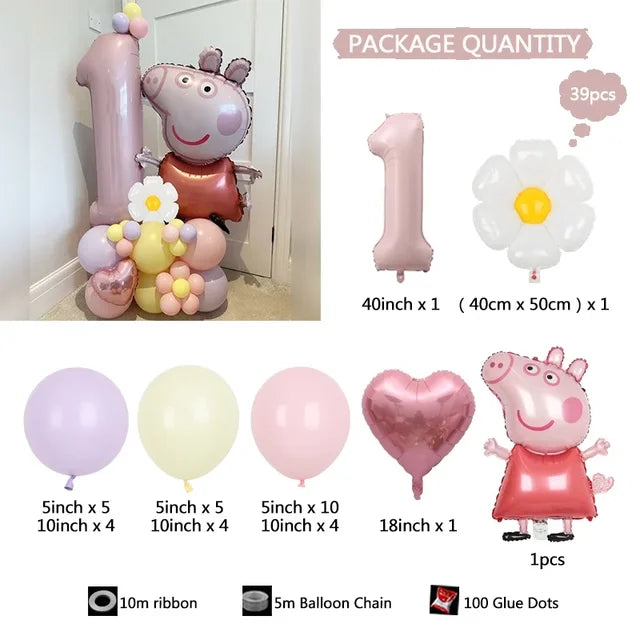 Peppa Pig Foil Balloon, Pink Number, Daisy Heart, Macaron Latex Globos for Girl, Birthday Party Decoration, 40", 39Pcs 