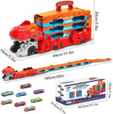 Dinosaur 3-in-1 Transport Truck Car Toys for Boys Ages 3+, 8 Race Cars Ejection, Folding Portable Track Toy with Sound for Kids