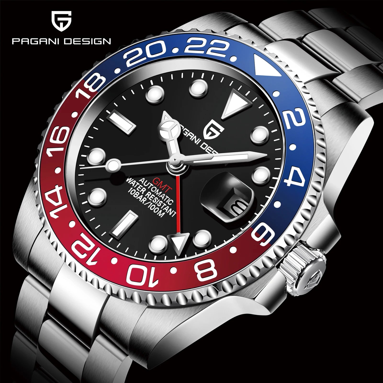 Relógio Masculino Mecânico de Luxo PAGANI DESIGN 2026 – Aço Inoxidável, Função GMT, Vidro de Safira – Marca de Alto Padrão